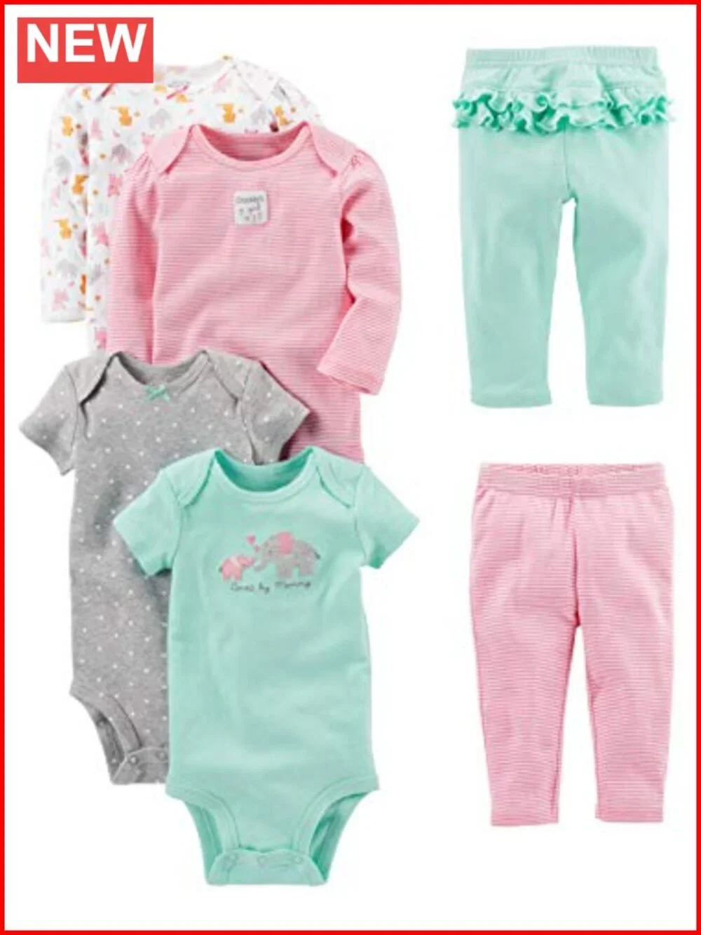 Baby Girls 6-Piece Bodysuit and Pants Set Short Long Sleeve Ruffle